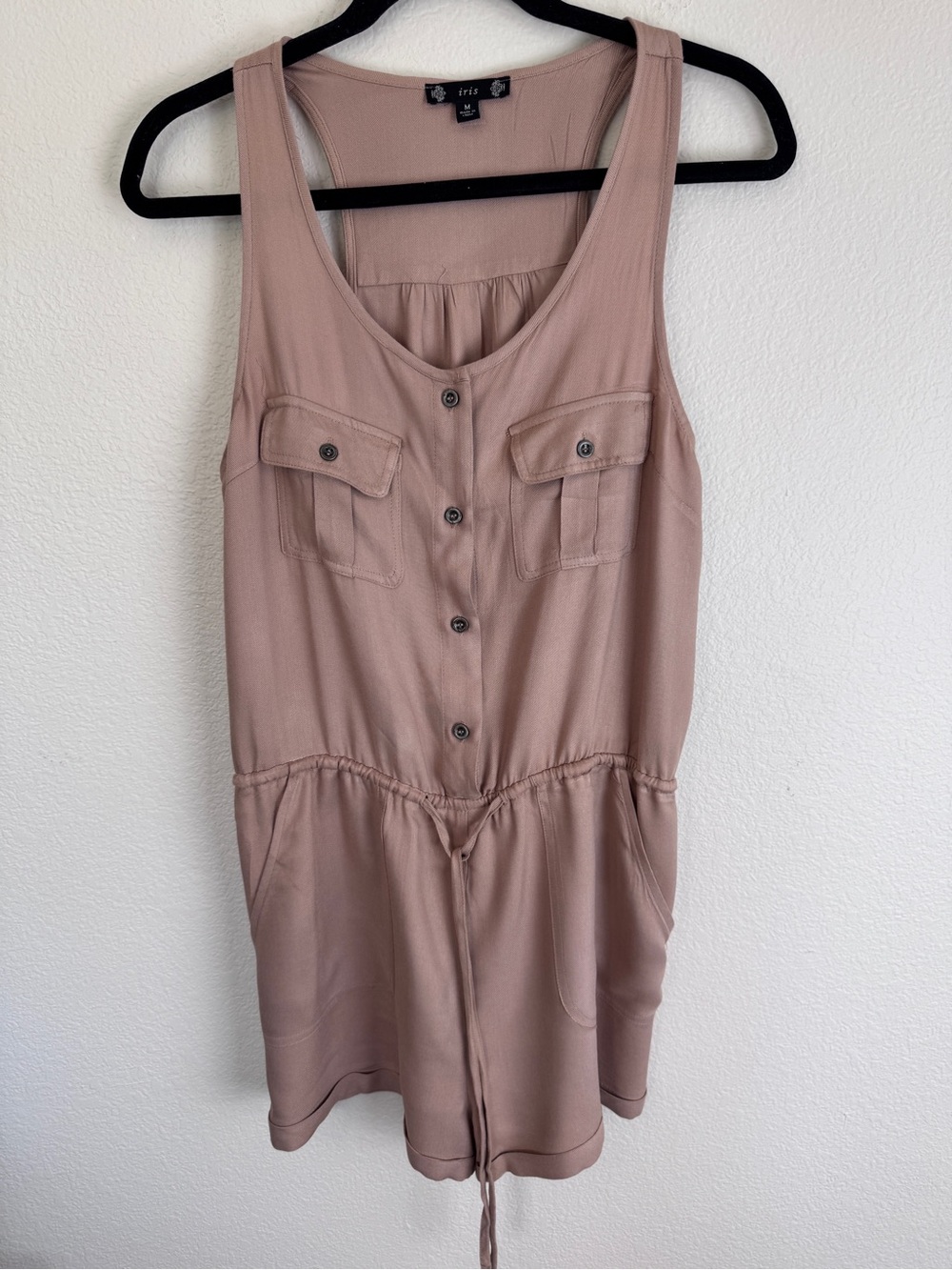Iris Sleeveless Drawstring Utility Romper in Khaki Size M